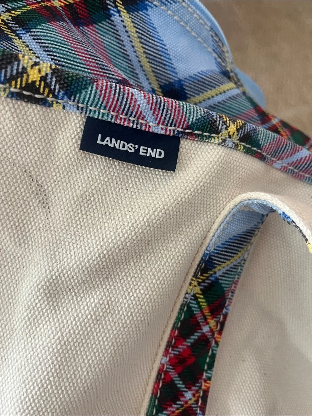 Canvas Tote Bag with Plaid Trim and star- Cream colored